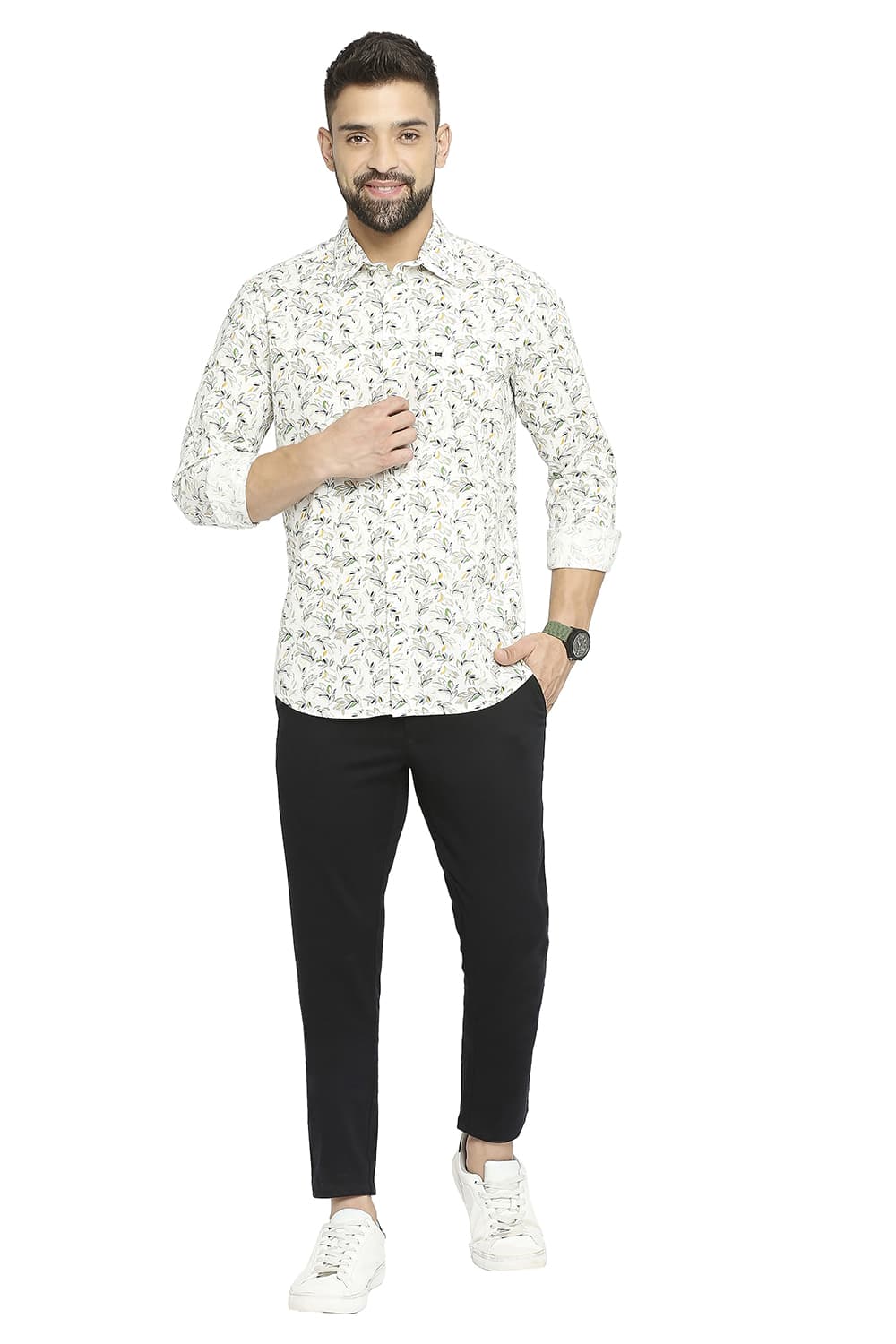 BASICS SLIM FIT COTTON OXFORD PRINTED SHIRT