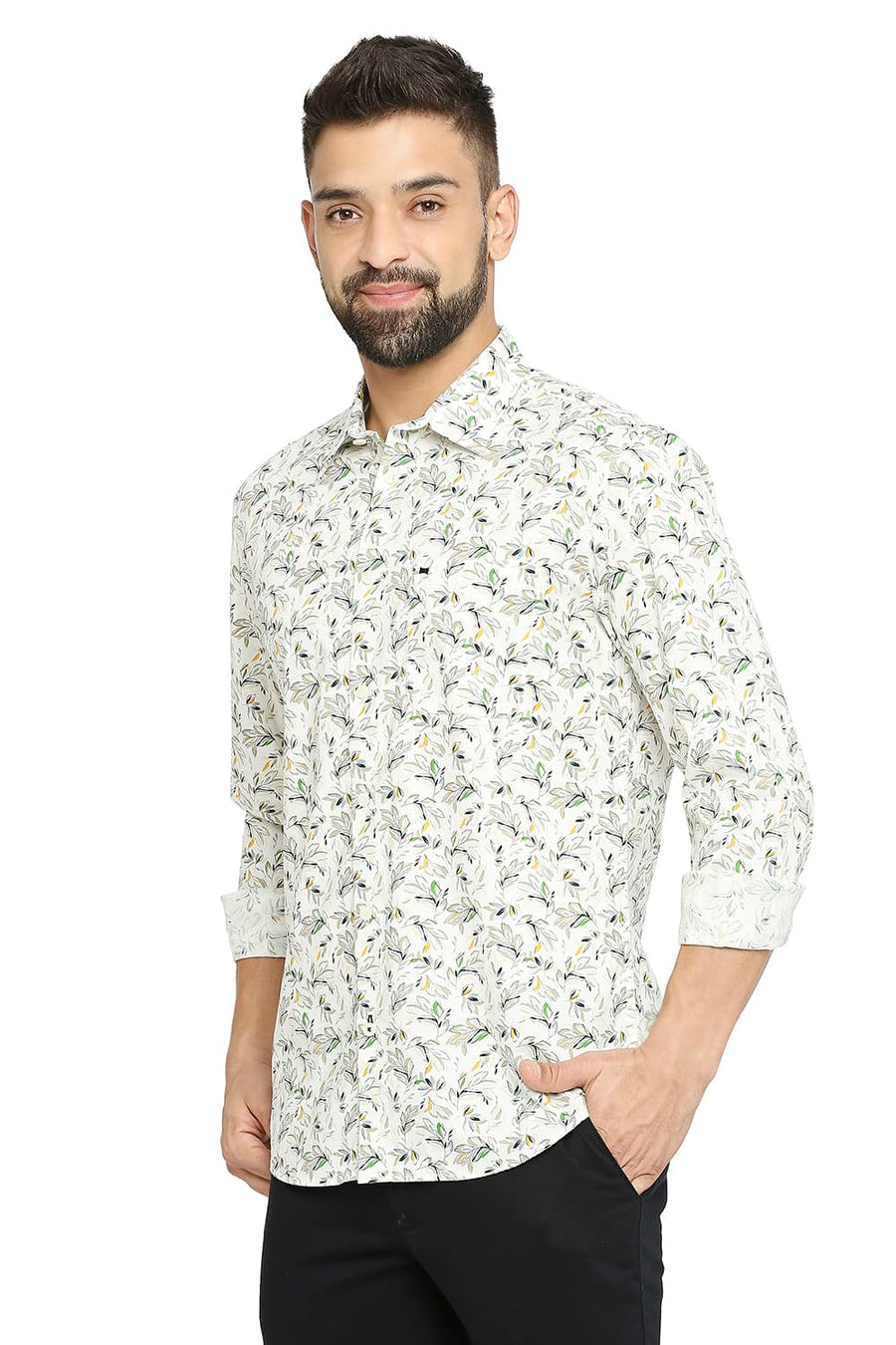 BASICS SLIM FIT WHISPER WHITE COTTON OXFORD PRINTED SHIRT
