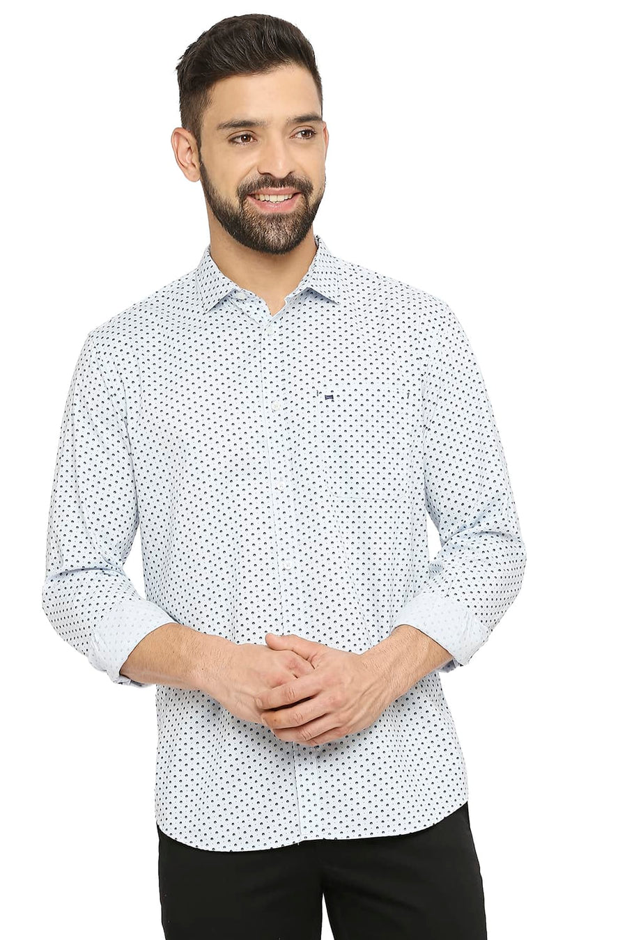 BASICS SLIM FIT AIRY BLUE COTTON OXFORD PRINTED SHIRT