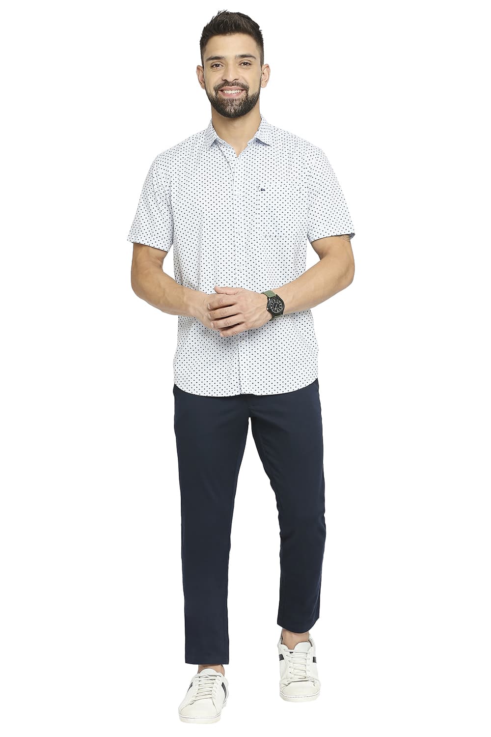 BASICS SLIM FIT COTTON OXFORD PRINTED HALFSLEEVES SHIRT