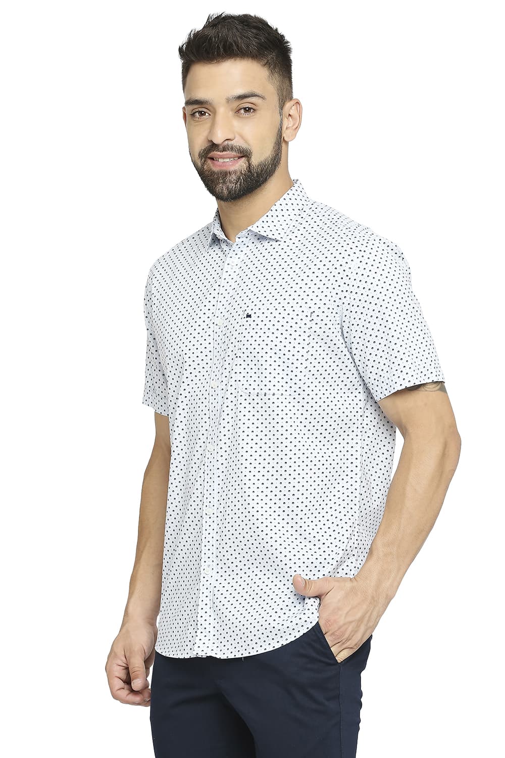 BASICS SLIM FIT COTTON OXFORD PRINTED HALFSLEEVES SHIRT