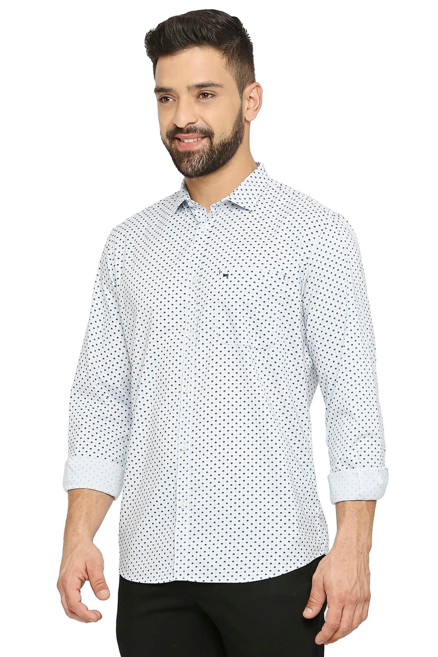 BASICS SLIM FIT AIRY BLUE COTTON OXFORD PRINTED SHIRT