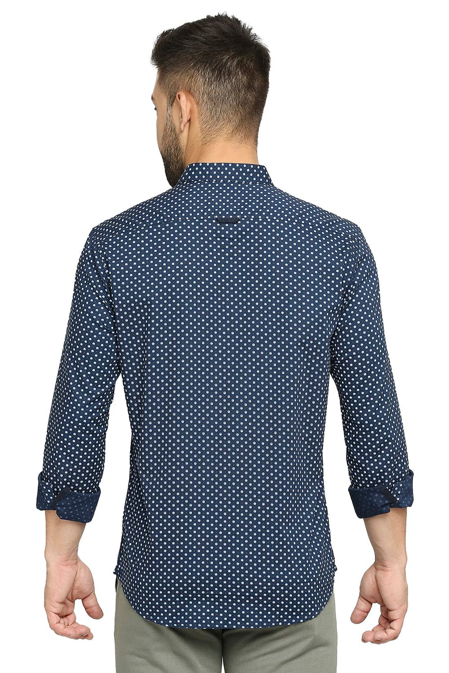 BASICS SLIM FIT MEDIEVAL BLUE COTTON OXFORD PRINTED SHIRT