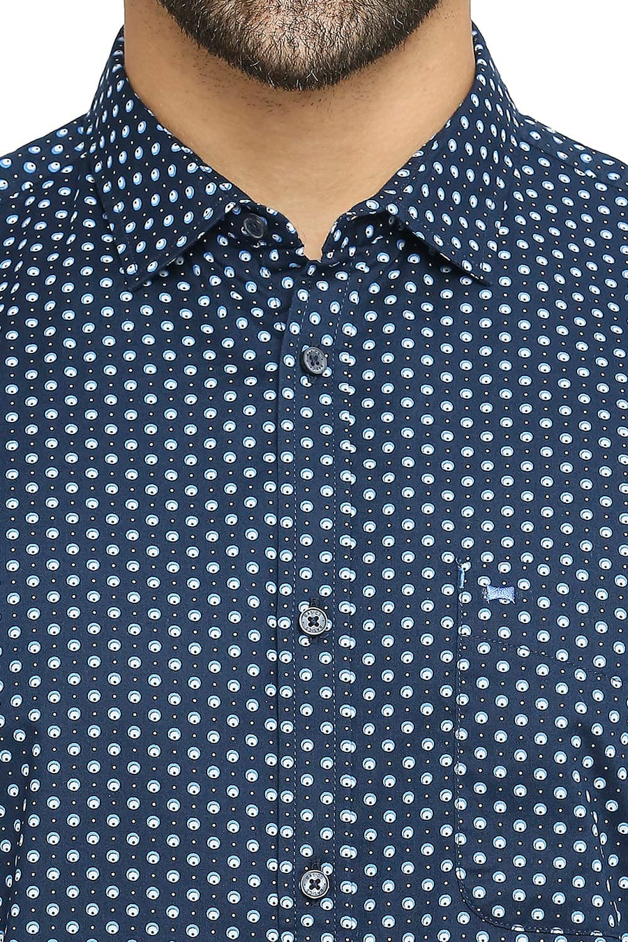 BASICS SLIM FIT MEDIEVAL BLUE COTTON OXFORD PRINTED SHIRT