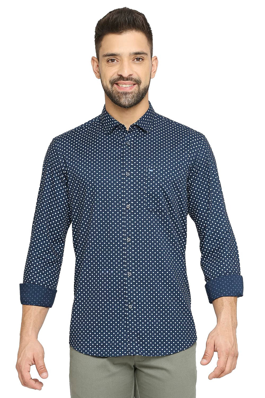 BASICS SLIM FIT MEDIEVAL BLUE COTTON OXFORD PRINTED SHIRT