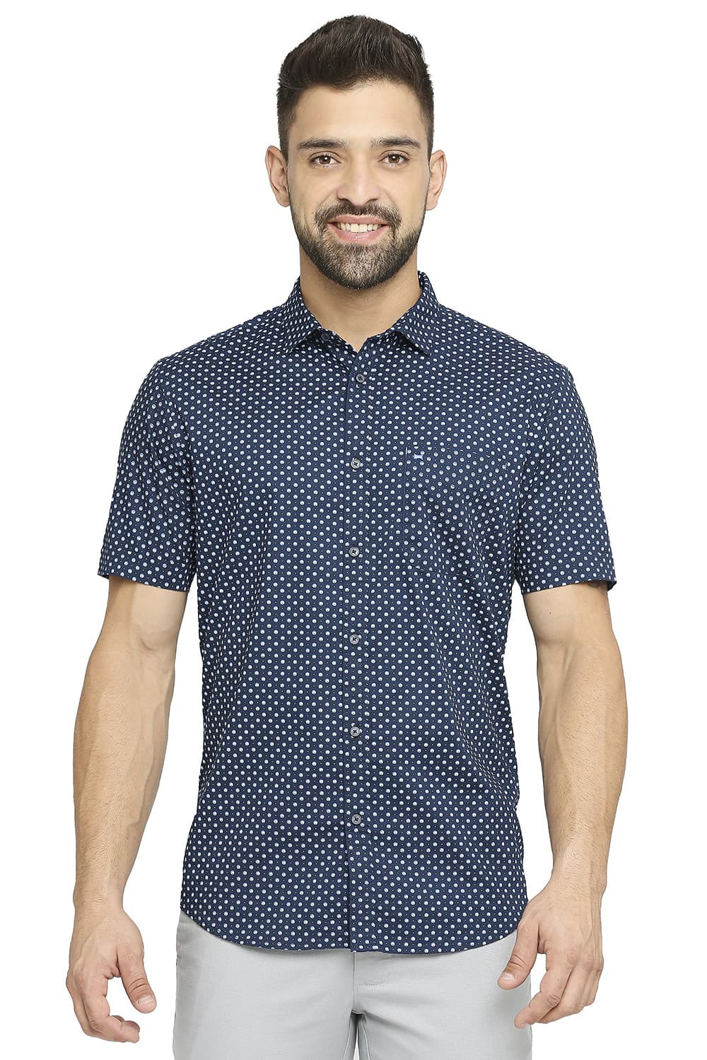 BASICS SLIM FIT COTTON OXFORD PRINTED HALFSLEEVES SHIRT