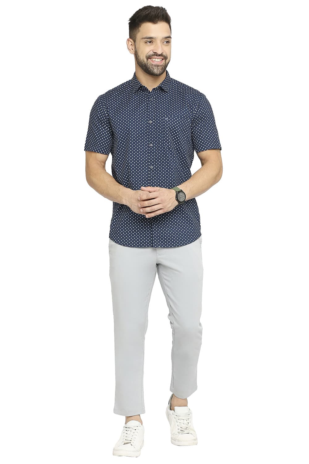 BASICS SLIM FIT COTTON OXFORD PRINTED HALFSLEEVES SHIRT