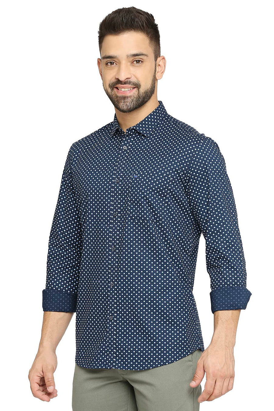BASICS SLIM FIT MEDIEVAL BLUE COTTON OXFORD PRINTED SHIRT