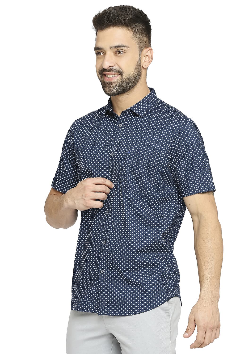 BASICS SLIM FIT COTTON OXFORD PRINTED HALFSLEEVES SHIRT