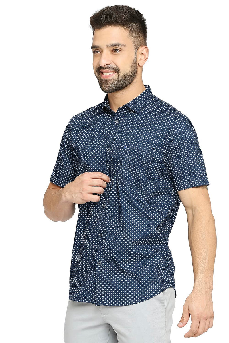 BASICS SLIM FIT COTTON OXFORD PRINTED HALFSLEEVES SHIRT