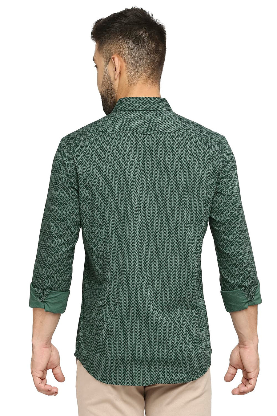 BASICS SLIM FIT POSY GREEN COTTON OXFORD PRINTED SHIRT