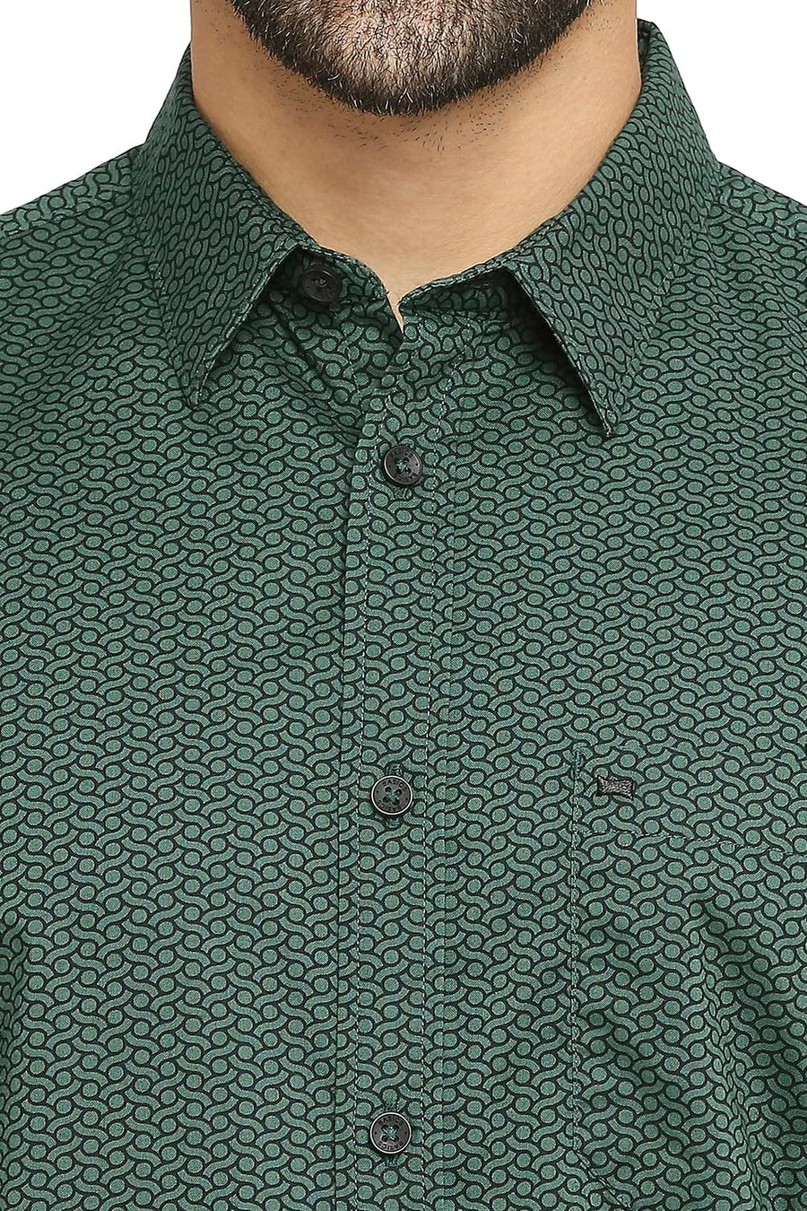 BASICS SLIM FIT POSY GREEN COTTON OXFORD PRINTED SHIRT