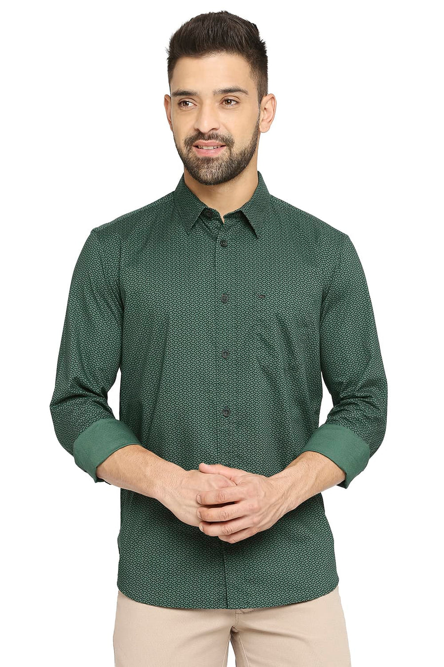 BASICS SLIM FIT POSY GREEN COTTON OXFORD PRINTED SHIRT