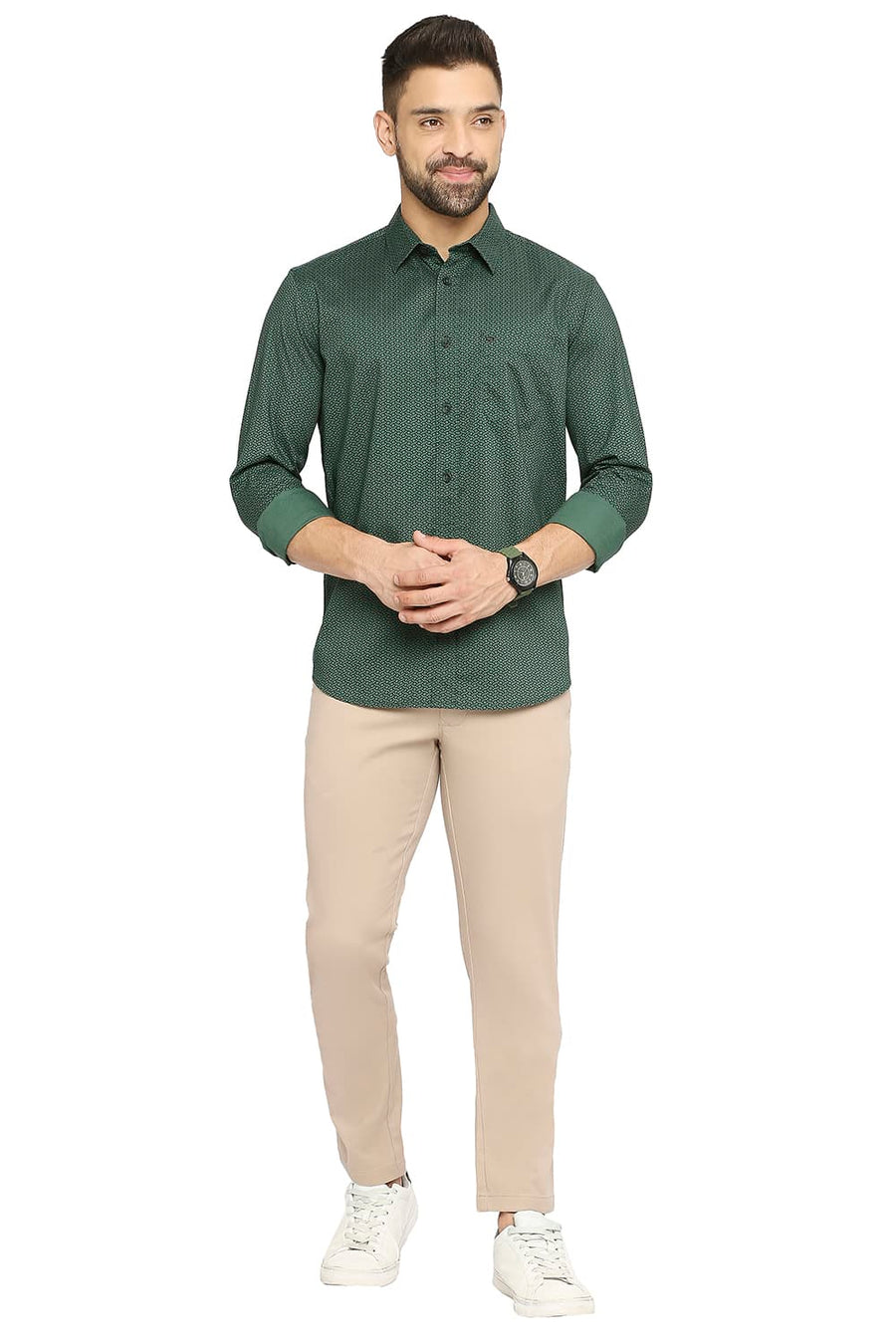 BASICS SLIM FIT POSY GREEN COTTON OXFORD PRINTED SHIRT
