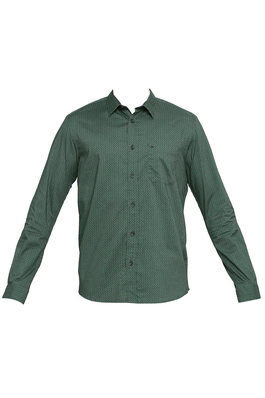 BASICS SLIM FIT POSY GREEN COTTON OXFORD PRINTED SHIRT