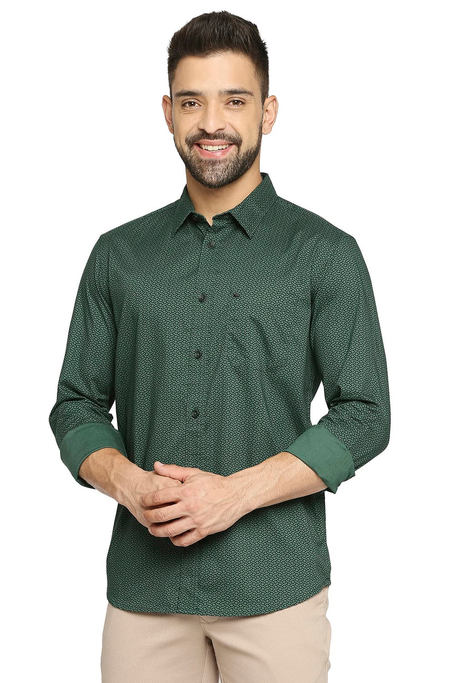 BASICS SLIM FIT POSY GREEN COTTON OXFORD PRINTED SHIRT