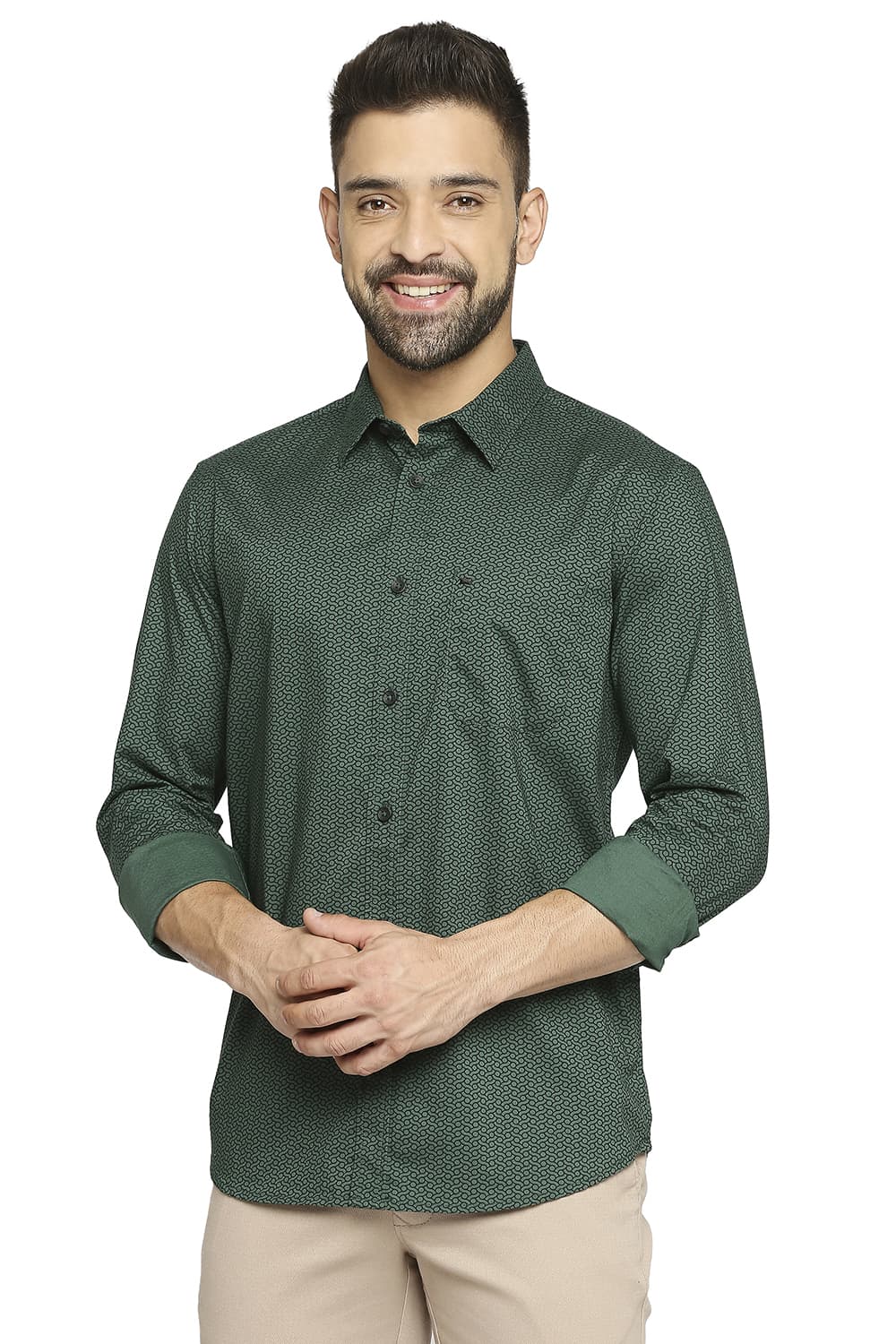 BASICS SLIM FIT COTTON OXFORD PRINTED SHIRT