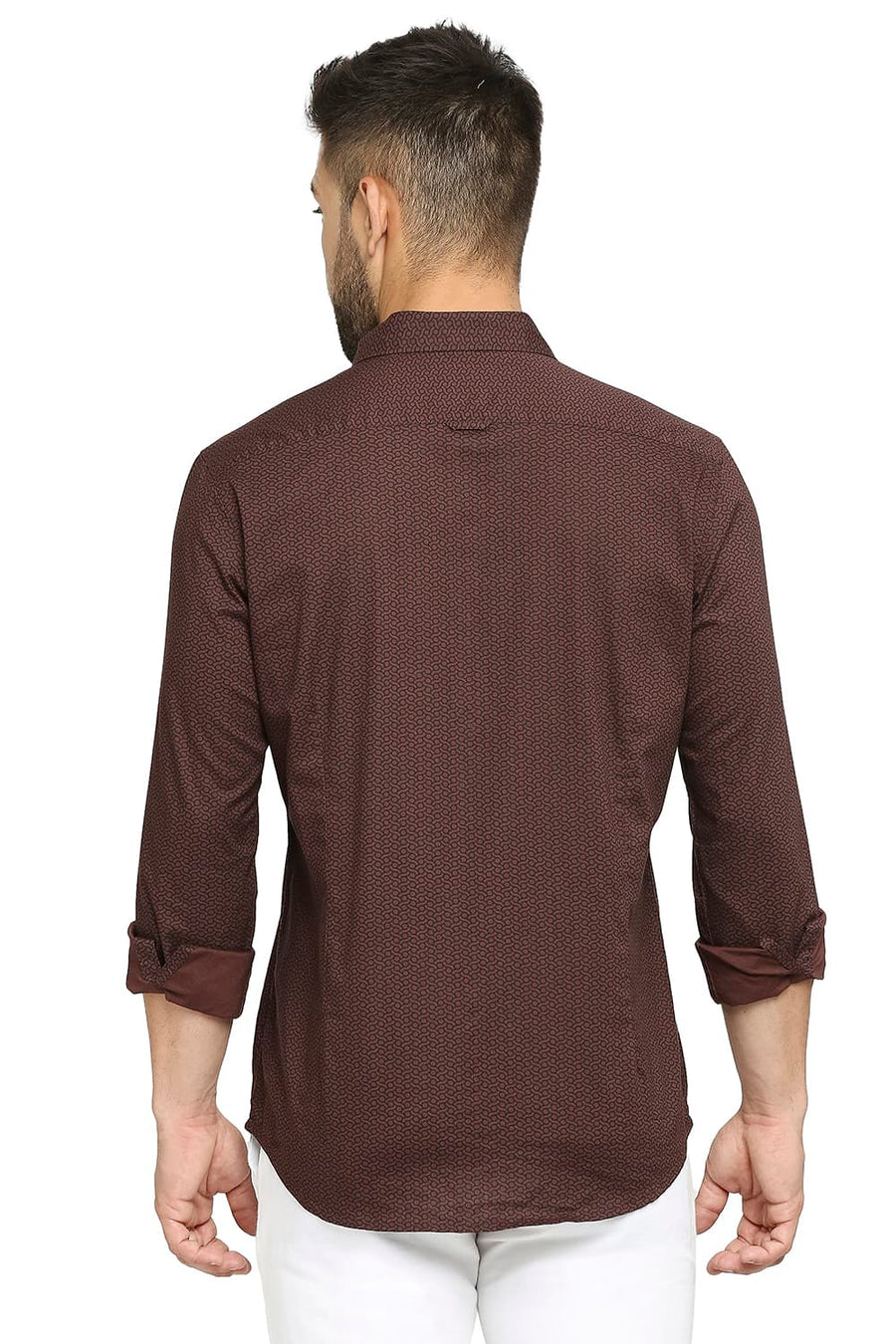 BASICS SLIM FIT PUCE BROWN COTTON OXFORD PRINTED SHIRT