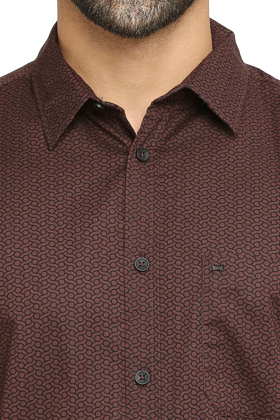 BASICS SLIM FIT PUCE BROWN COTTON OXFORD PRINTED SHIRT