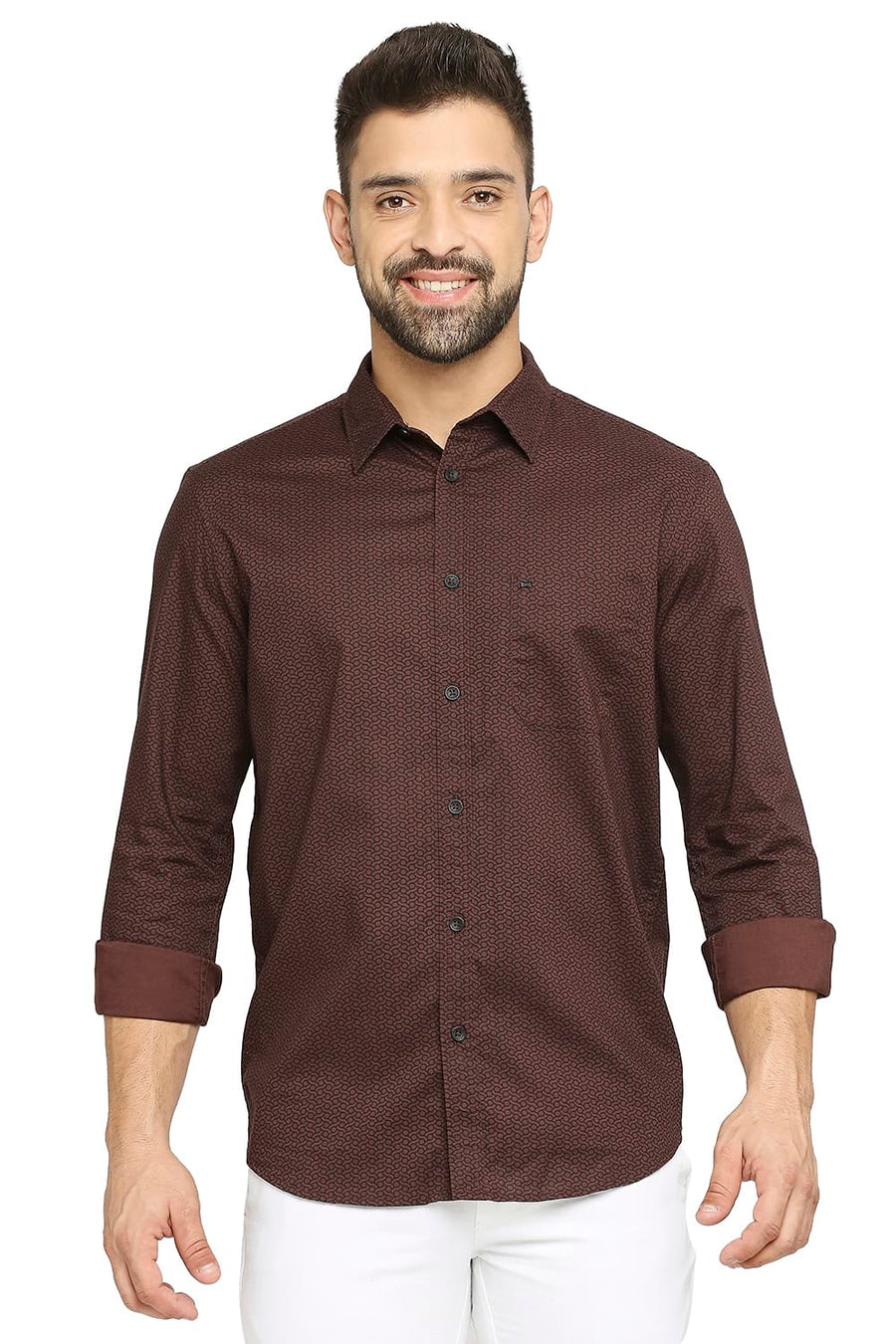 BASICS SLIM FIT PUCE BROWN COTTON OXFORD PRINTED SHIRT