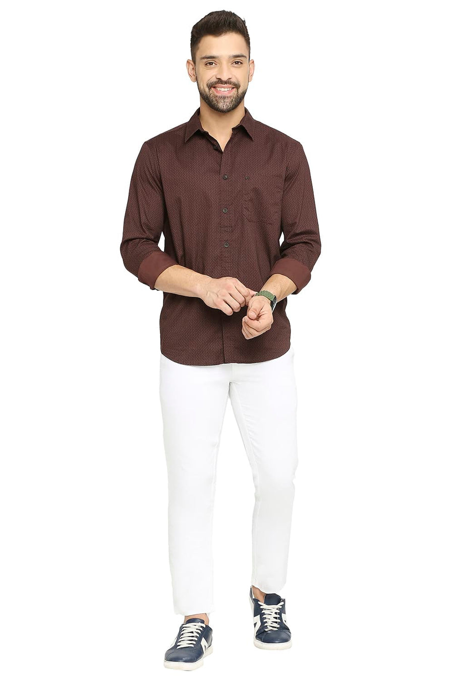 BASICS SLIM FIT PUCE BROWN COTTON OXFORD PRINTED SHIRT
