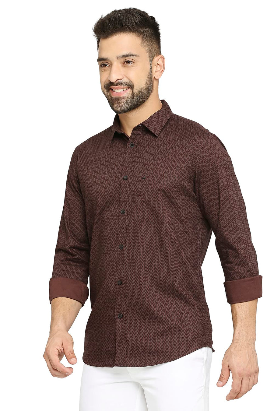 BASICS SLIM FIT PUCE BROWN COTTON OXFORD PRINTED SHIRT