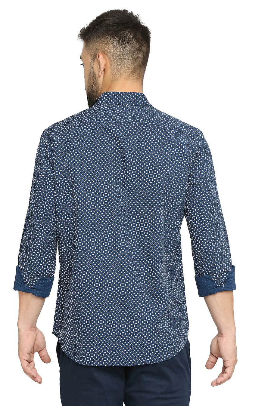 BASICS SLIM FIT OUTER SPACE BLUE COTTON POPLIN PRINTED SHIRT