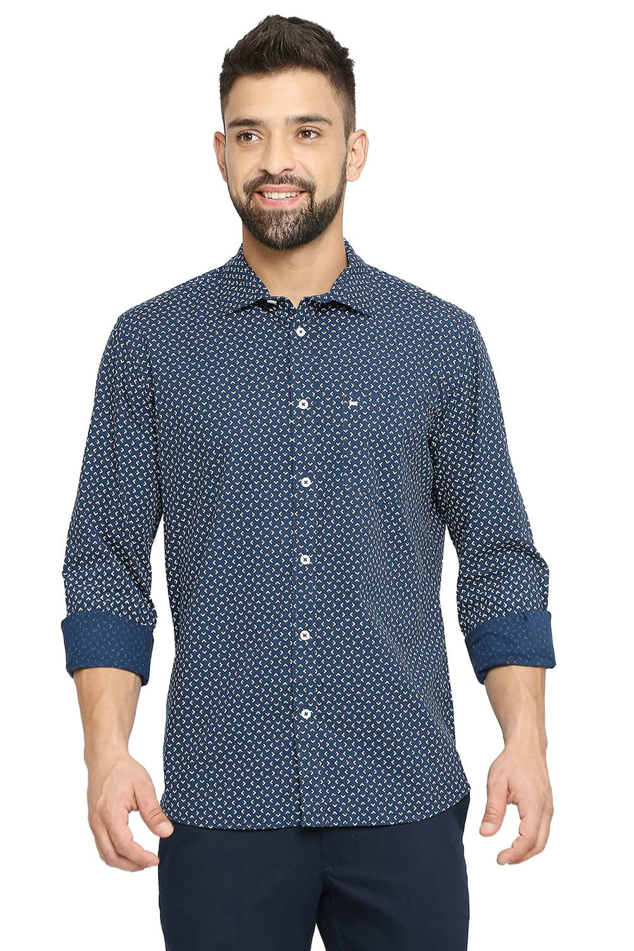 BASICS SLIM FIT OUTER SPACE BLUE COTTON POPLIN PRINTED SHIRT