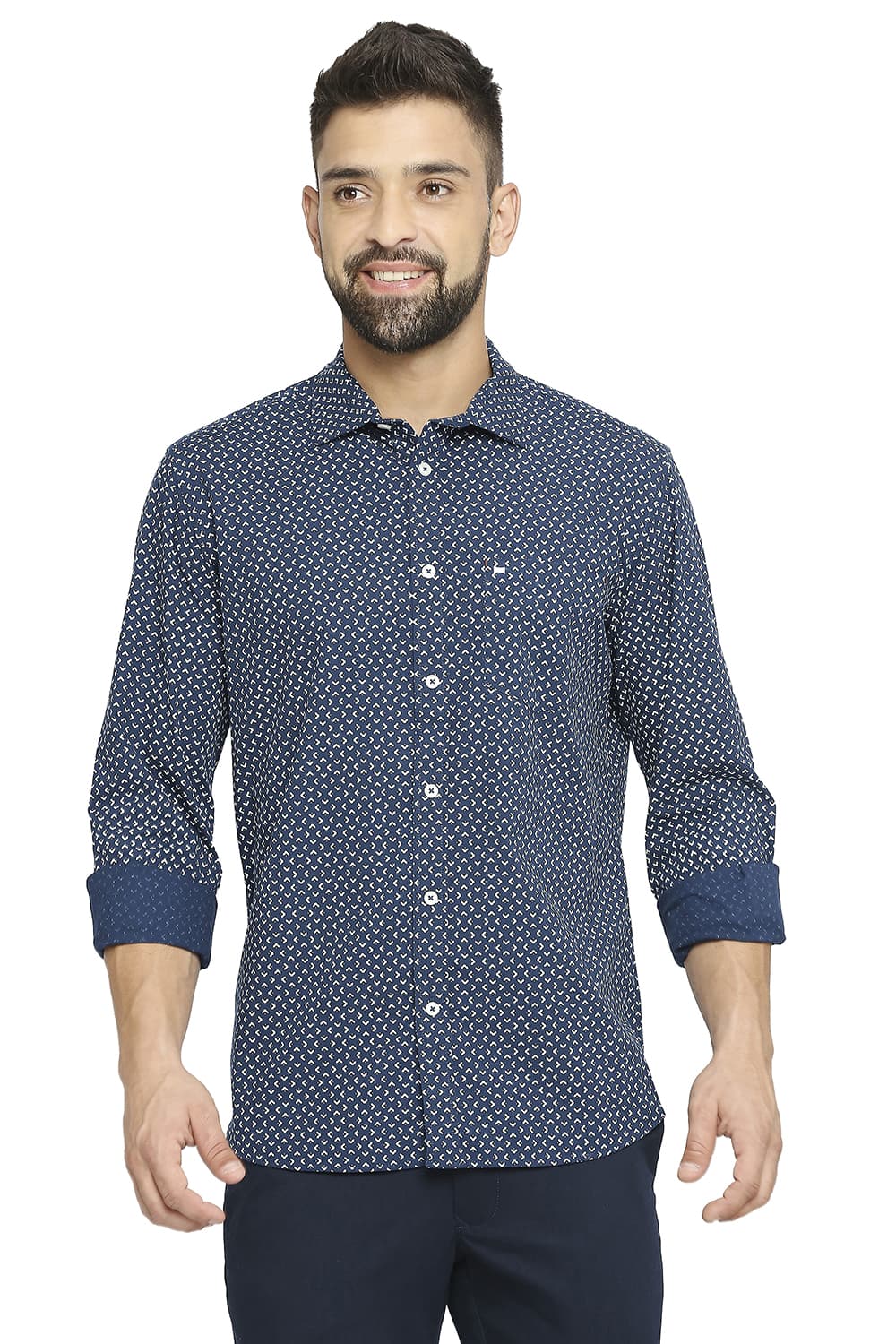 BASICS SLIM FIT COTTON POPLIN PRINTED SHIRT