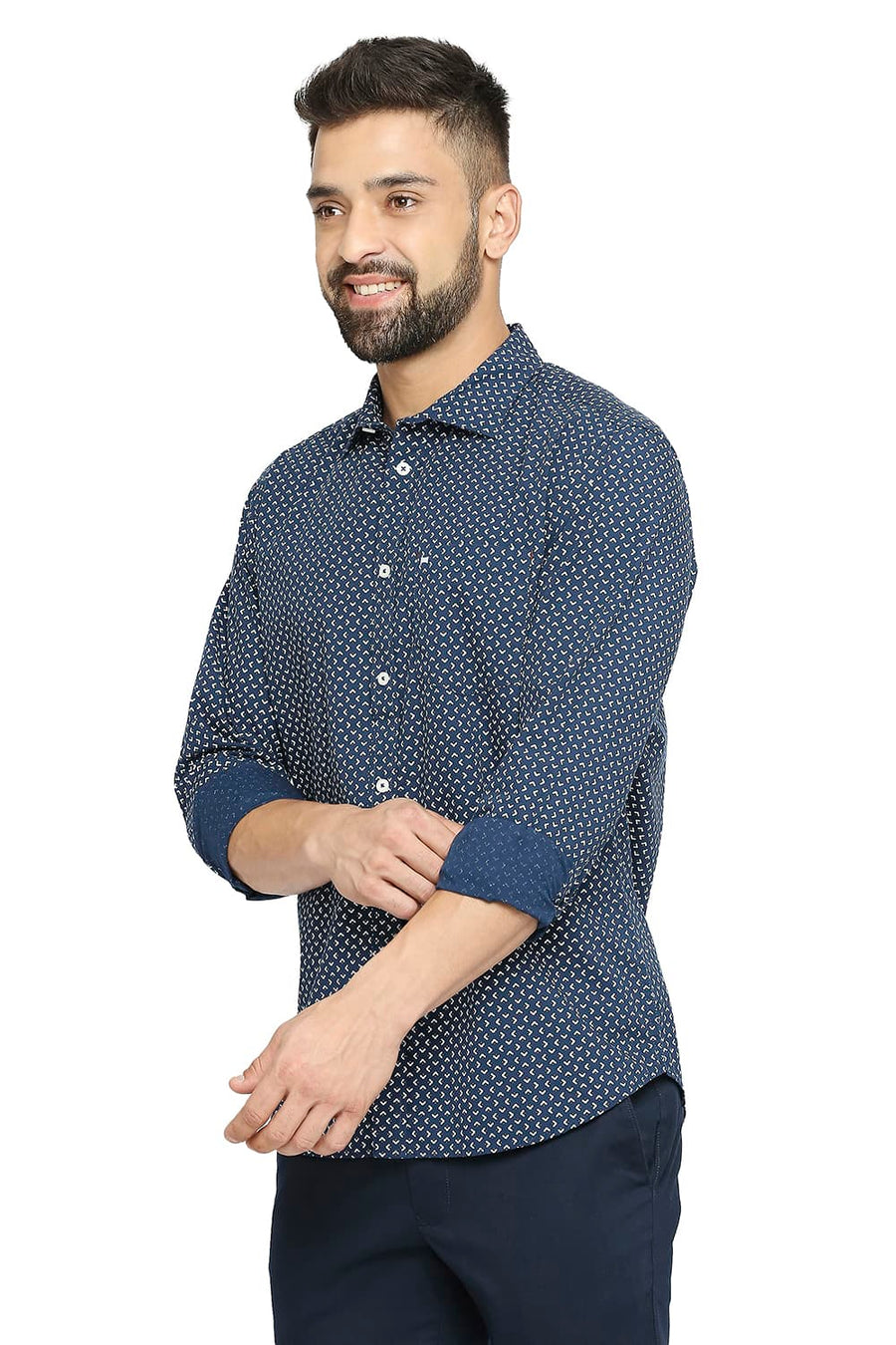 BASICS SLIM FIT OUTER SPACE BLUE COTTON POPLIN PRINTED SHIRT