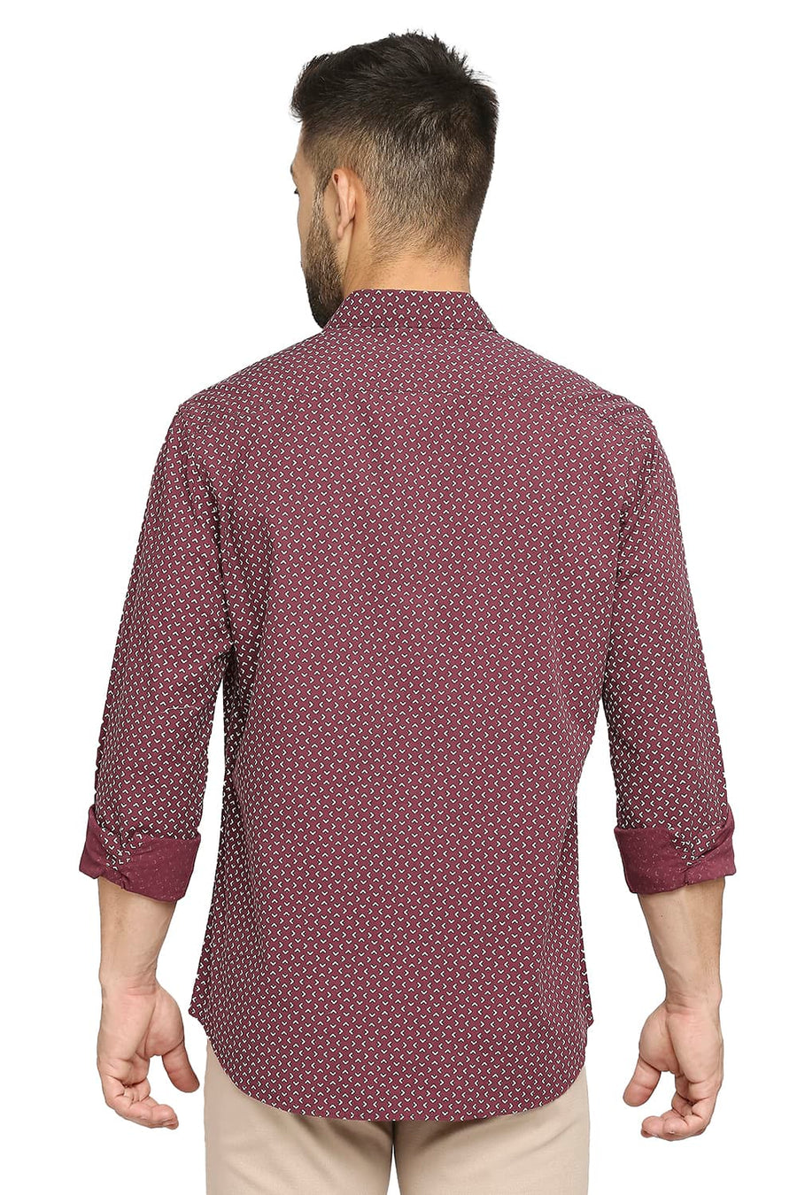BASICS SLIM FIT CERISE WINE COTTON POPLIN PRINTED SHIRT