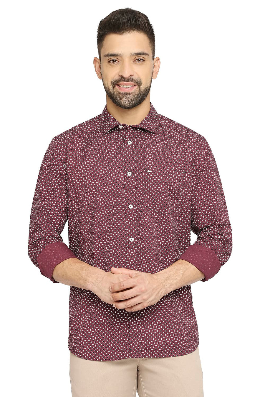 BASICS SLIM FIT CERISE WINE COTTON POPLIN PRINTED SHIRT