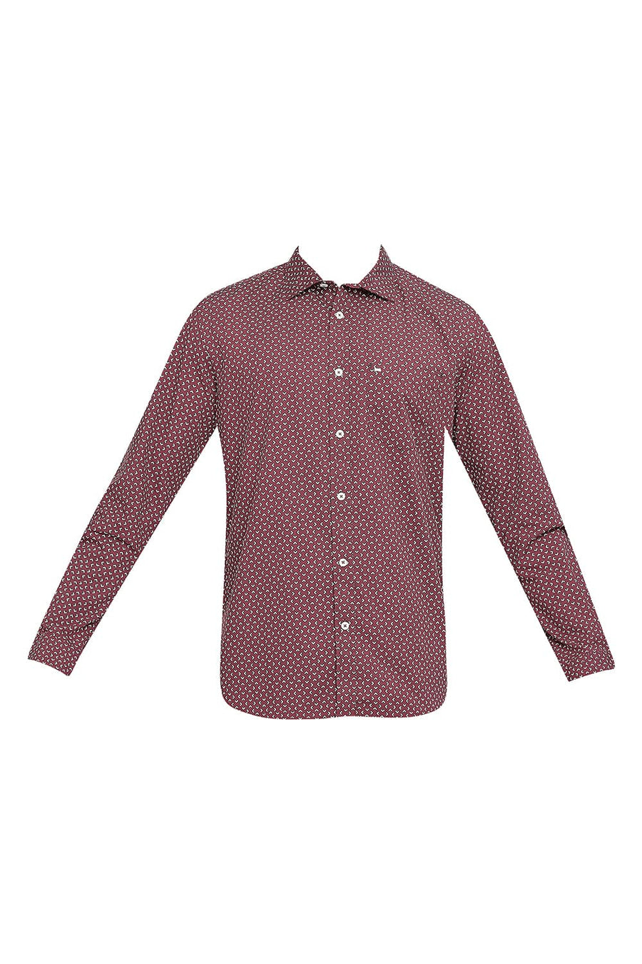 BASICS SLIM FIT CERISE WINE COTTON POPLIN PRINTED SHIRT