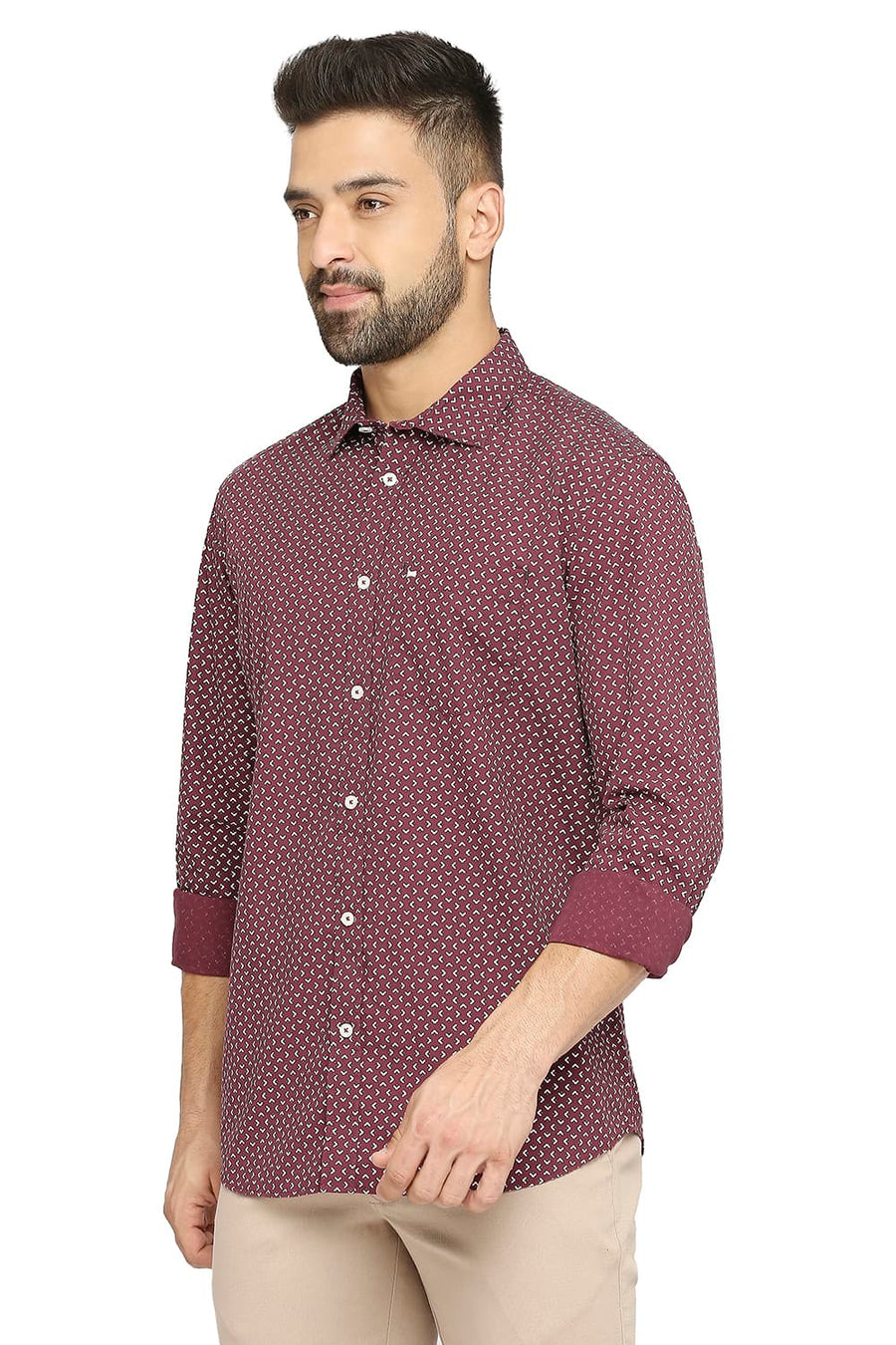 BASICS SLIM FIT CERISE WINE COTTON POPLIN PRINTED SHIRT