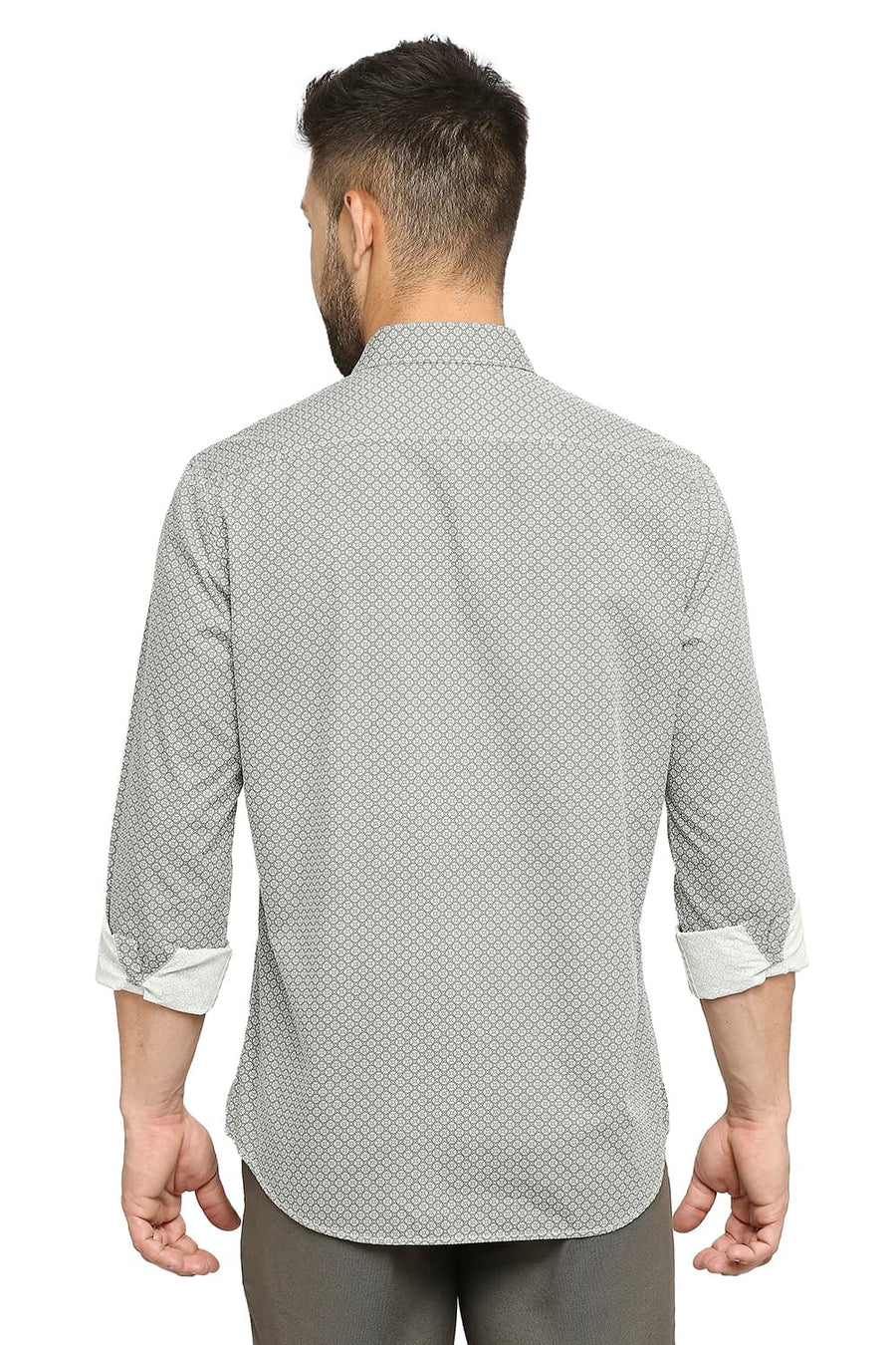 BASICS SLIM FIT TRELLIS GREEN COTTON POPLIN PRINTED SHIRT