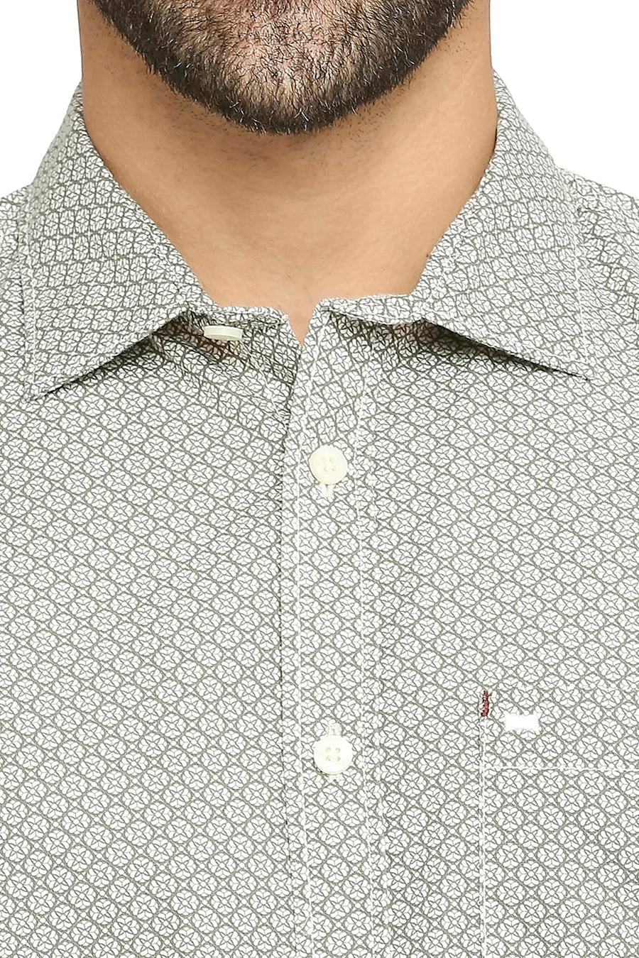 BASICS SLIM FIT TRELLIS GREEN COTTON POPLIN PRINTED SHIRT
