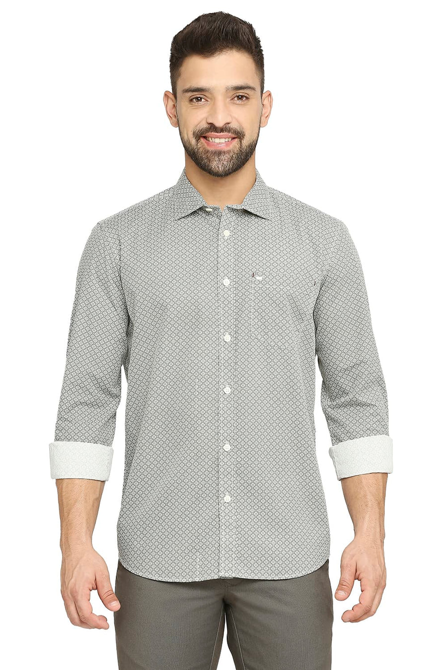 BASICS SLIM FIT TRELLIS GREEN COTTON POPLIN PRINTED SHIRT