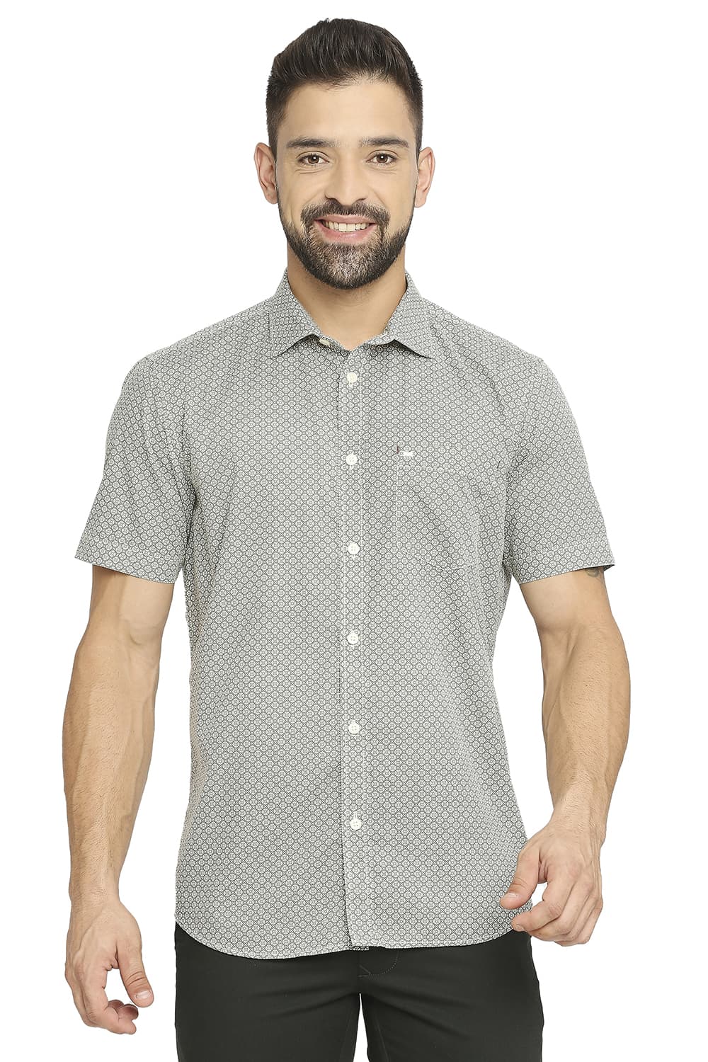 BASICS SLIM FIT COTTON POPLIN PRINTED SHIRT