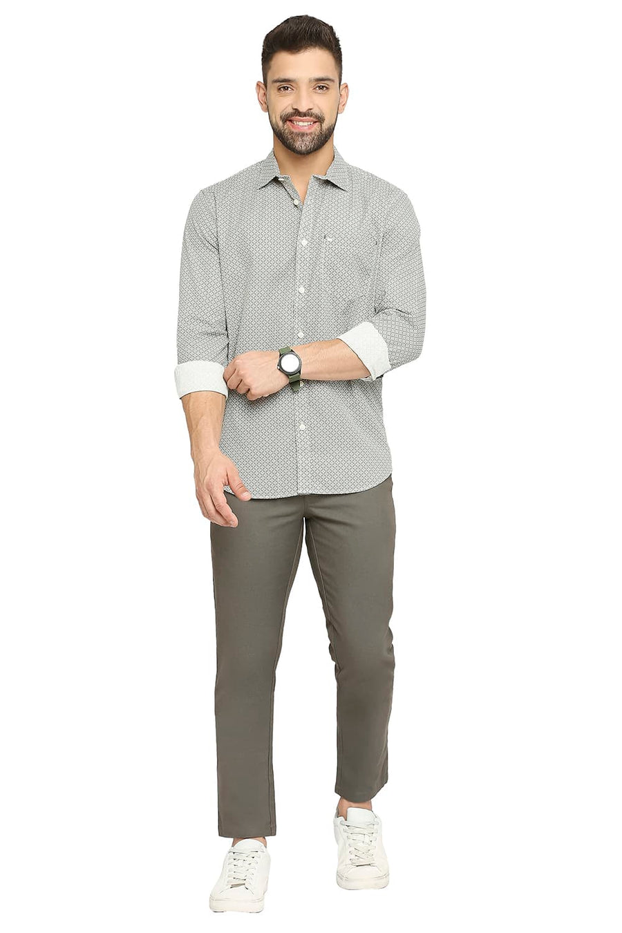 BASICS SLIM FIT TRELLIS GREEN COTTON POPLIN PRINTED SHIRT