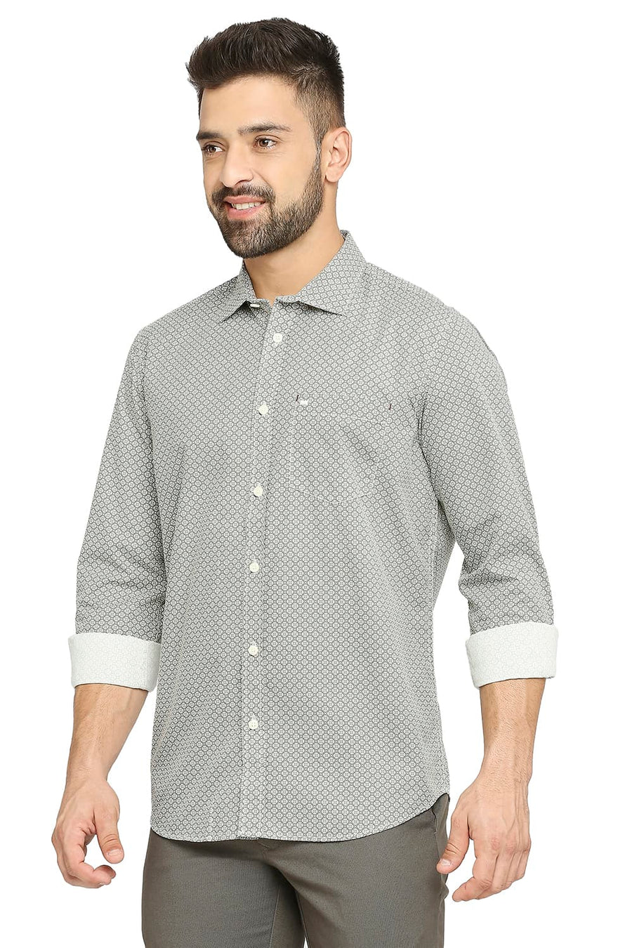BASICS SLIM FIT TRELLIS GREEN COTTON POPLIN PRINTED SHIRT