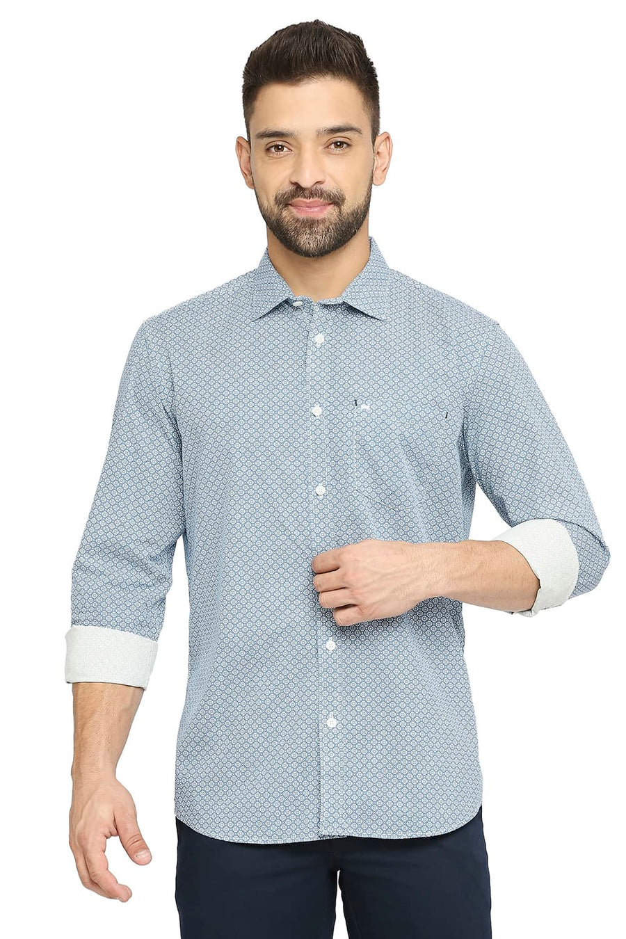 BASICS SLIM FIT AIR BLUE COTTON POPLIN PRINTED SHIRT