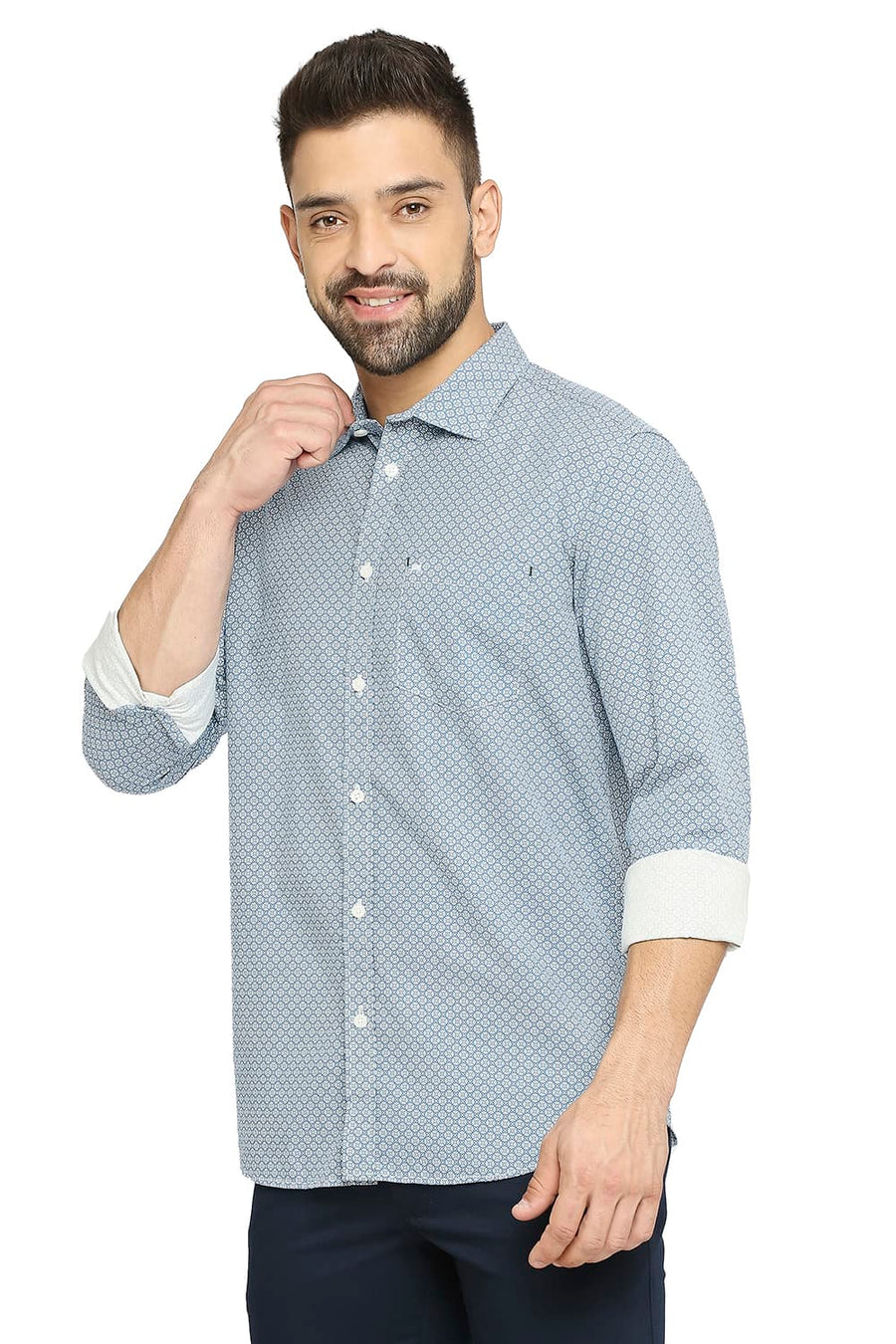BASICS SLIM FIT AIR BLUE COTTON POPLIN PRINTED SHIRT