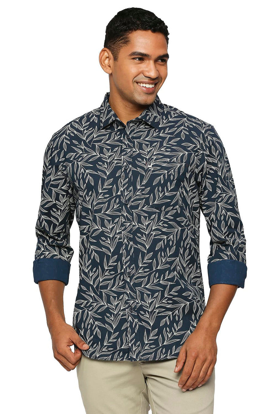 BASICS SLIM FIT MAJOLICA BLUE COTTON POPLIN PRINTED SHIRT