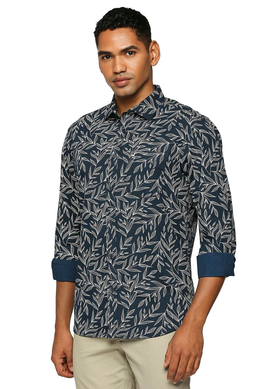 BASICS SLIM FIT MAJOLICA BLUE COTTON POPLIN PRINTED SHIRT