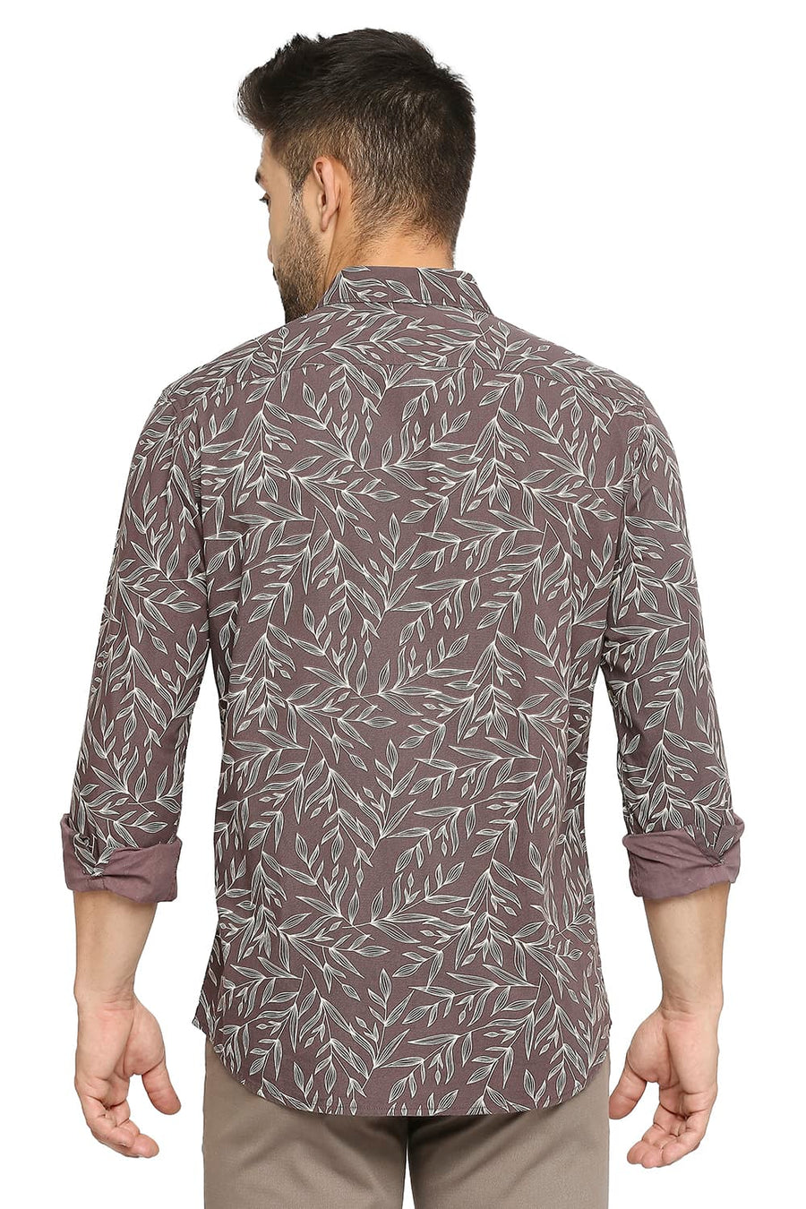 BASICS SLIM FIT BROWN WINE COTTON POPLIN PRINTED SHIRT