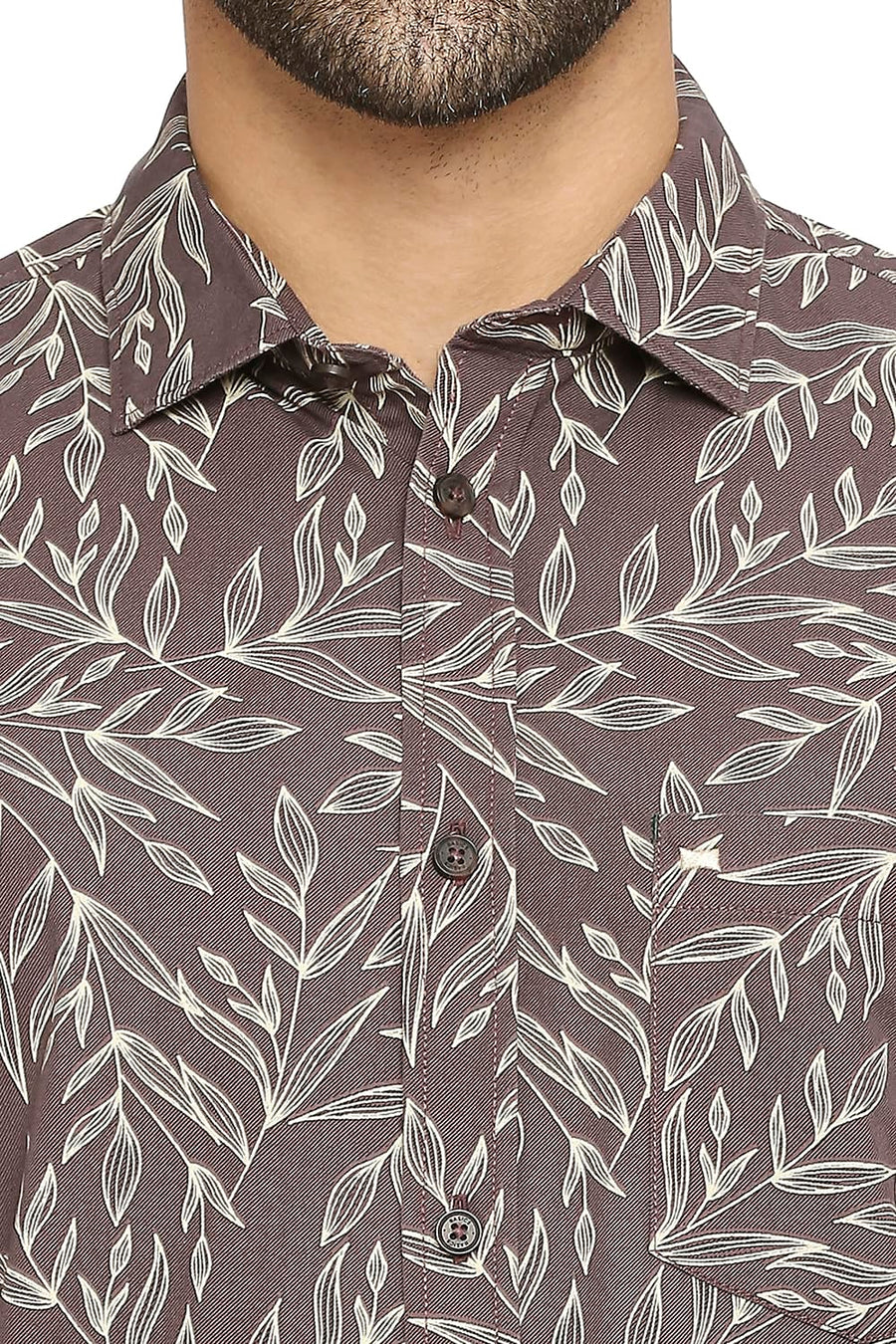 BASICS SLIM FIT BROWN WINE COTTON POPLIN PRINTED SHIRT