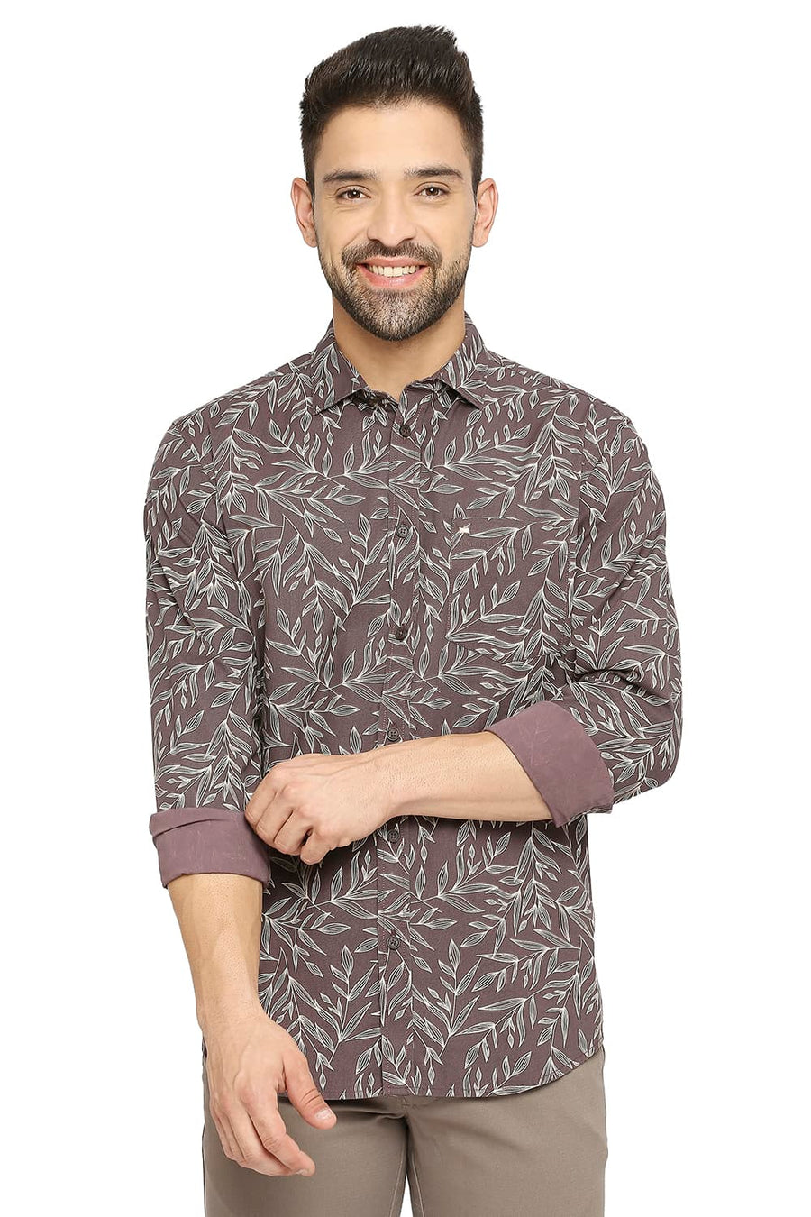 BASICS SLIM FIT BROWN WINE COTTON POPLIN PRINTED SHIRT