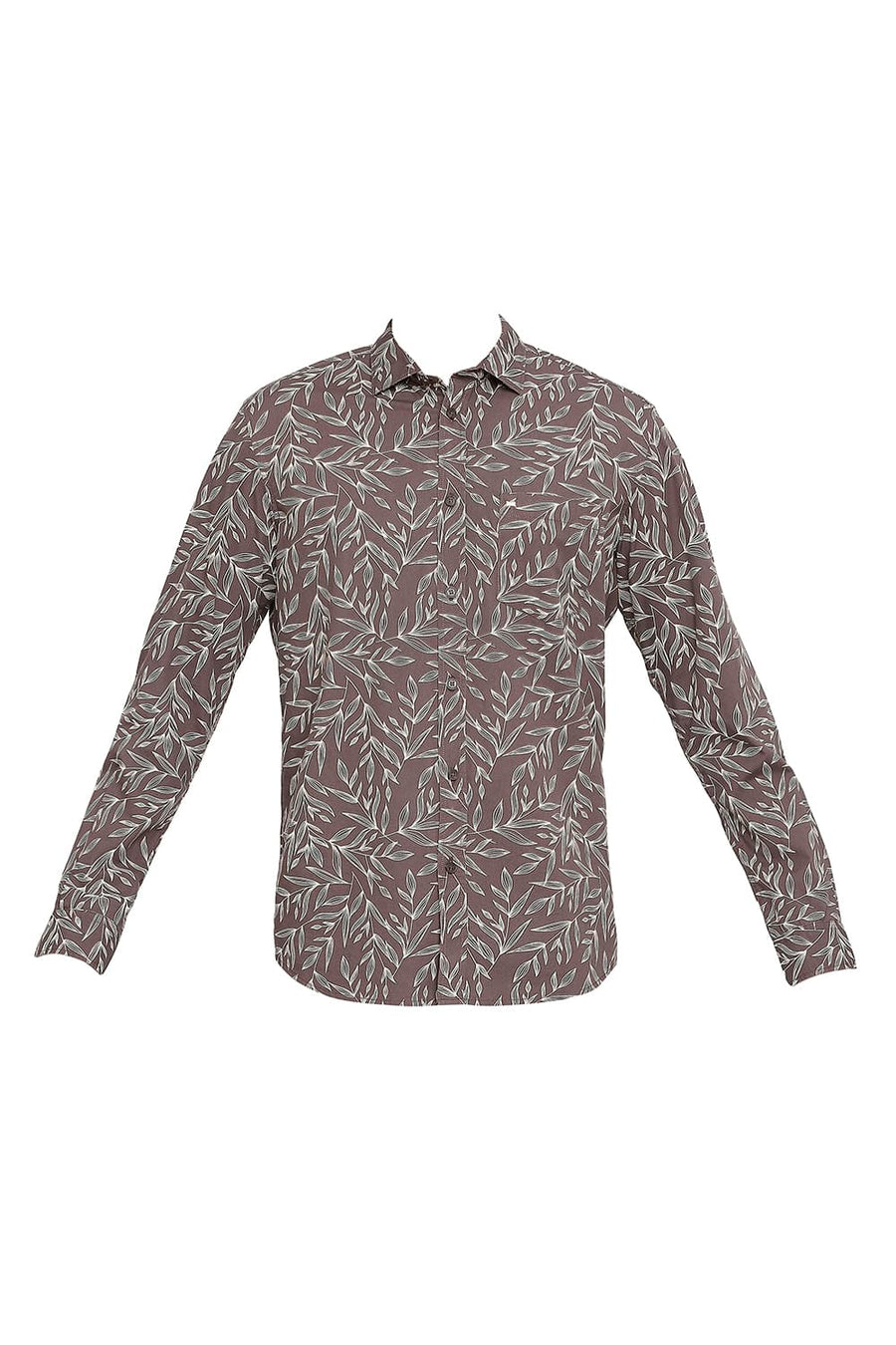 BASICS SLIM FIT BROWN WINE COTTON POPLIN PRINTED SHIRT