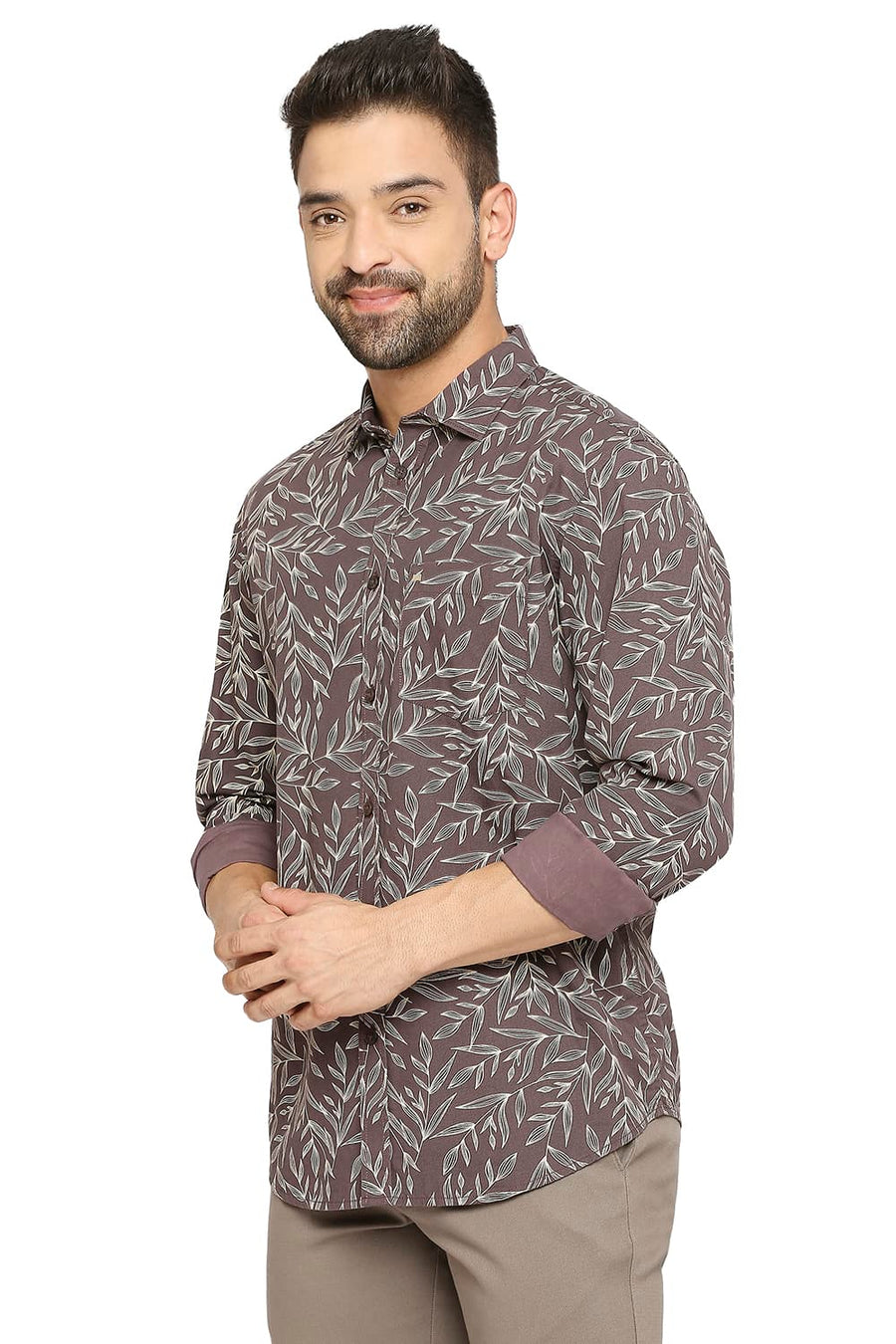 BASICS SLIM FIT BROWN WINE COTTON POPLIN PRINTED SHIRT