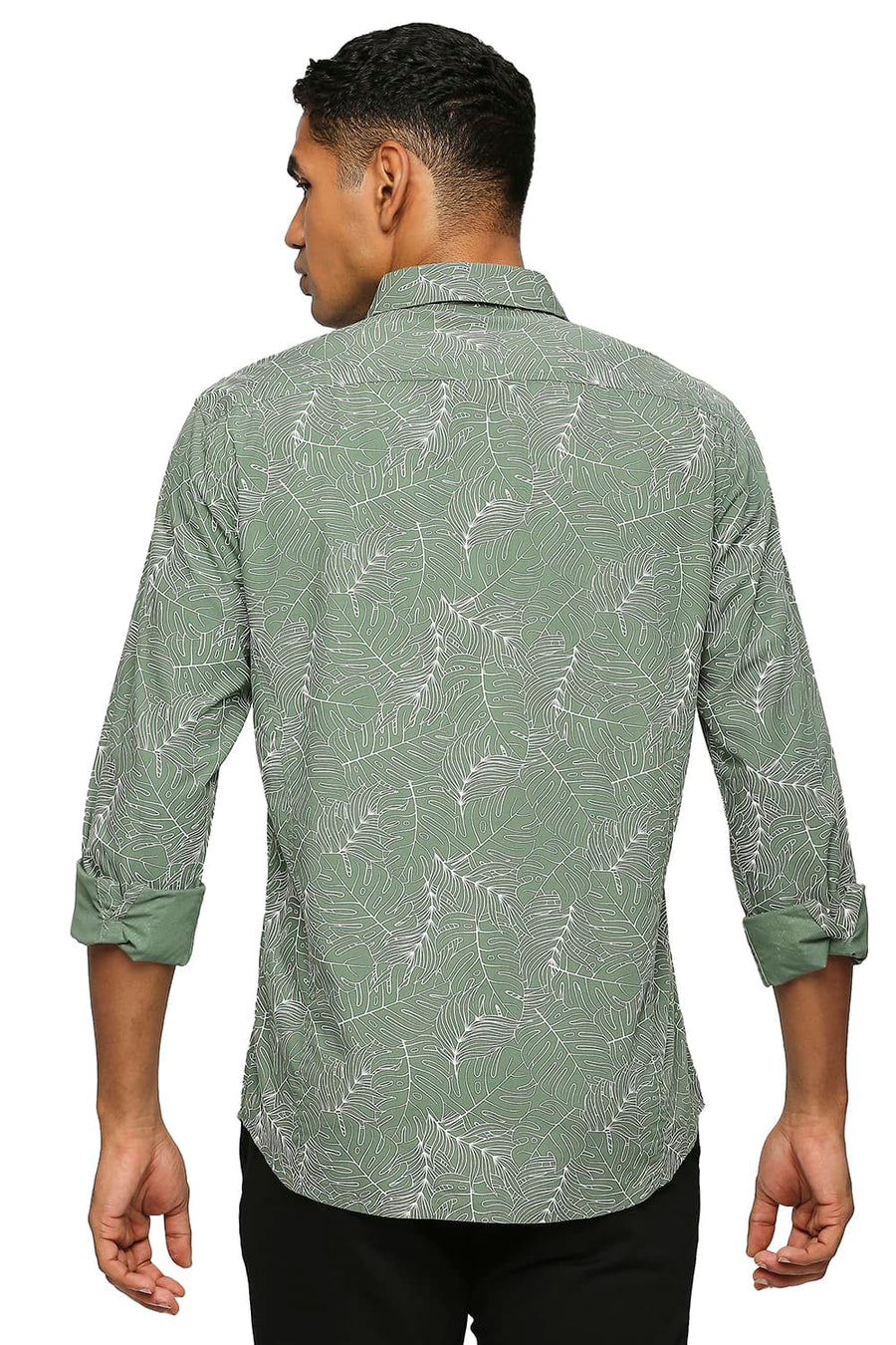 BASICS SLIM FIT ARTICHOKE GREEN COTTON TWILL PRINTED SHIRT